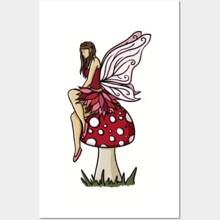 Fairy on a Mushroom Cute Pink Illustration Posters and Art